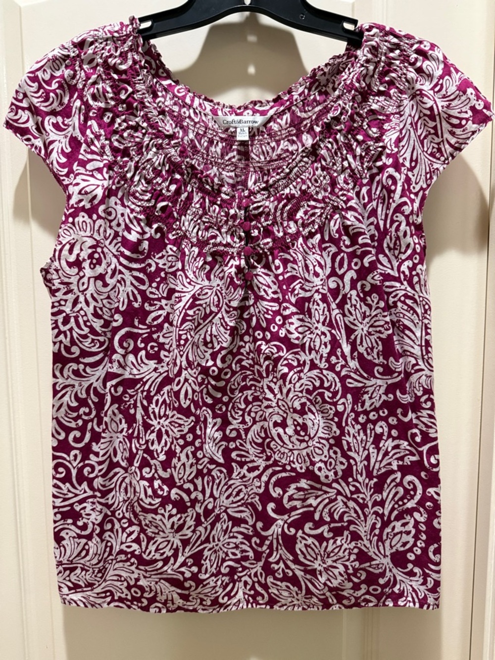 croft & barrow 100% cotton Purple & White Floral Smocked Neck Cap-Sleeve Top XL